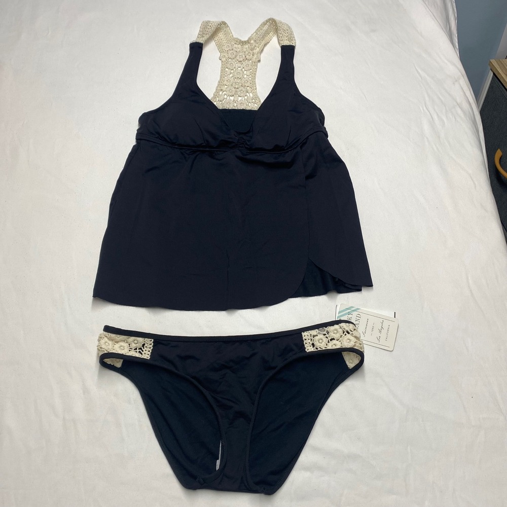 Lucky Brand Womens Black Crochet Lace Tankini Swimsuit Set Medium NWT